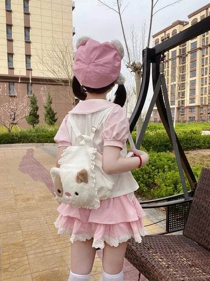 Tie T-Shirt Ears Heart Bunny Pink  White Peter Pan Collar Bunny