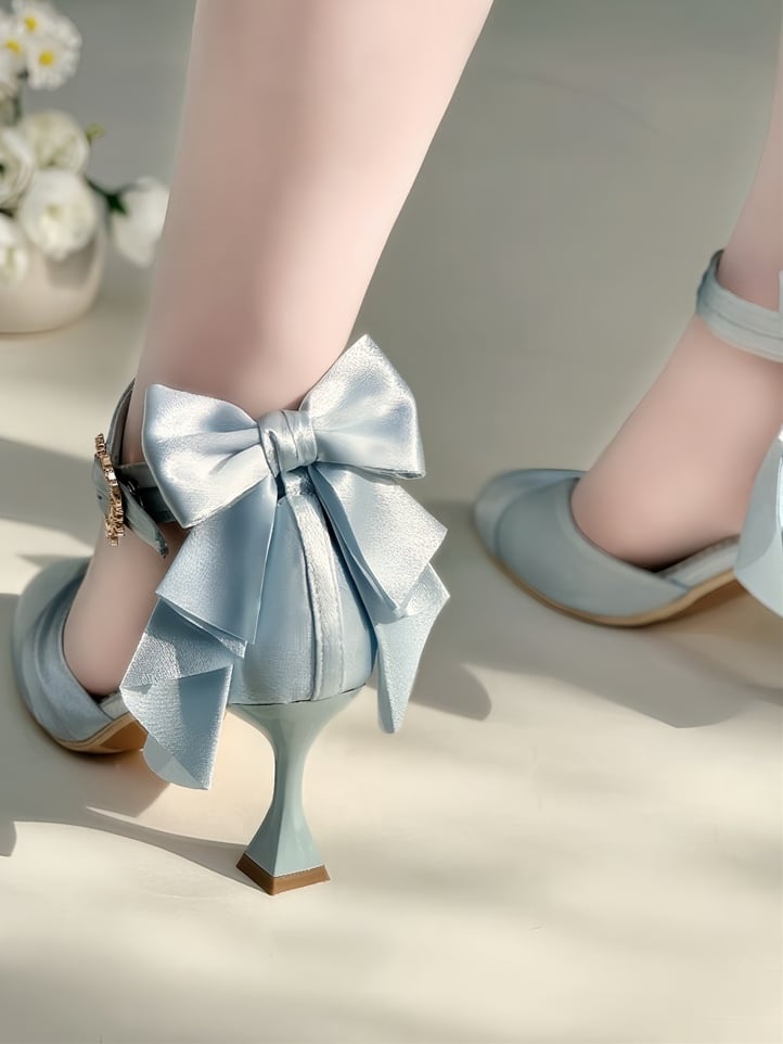 Heels Blue Toe Accent Satin Light Elegant Buckle Pointed Heart Lolita High Bow