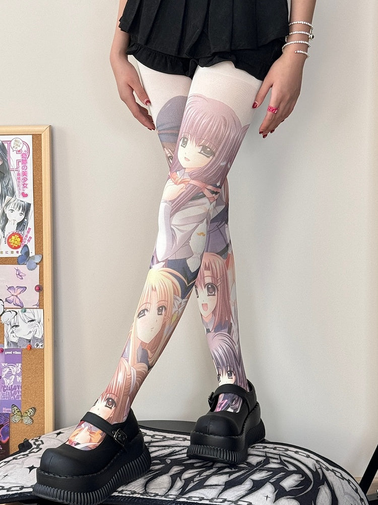 Girl White Cartoon Print Tights