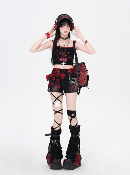 Red Denim Shorts Plaid Bowknot Black Glamorous