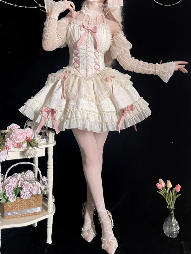 Cross Belle Ivory and Pink Corset Dress Halter Neck Balletcore Lolita JSK