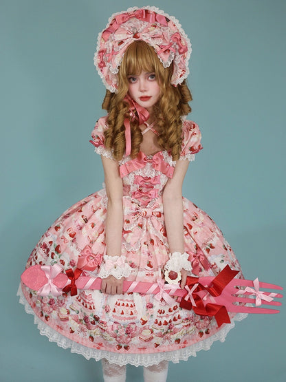 Dress Bow / Print Strawberry Lolita Full Cake Accents Sweet Pink Set