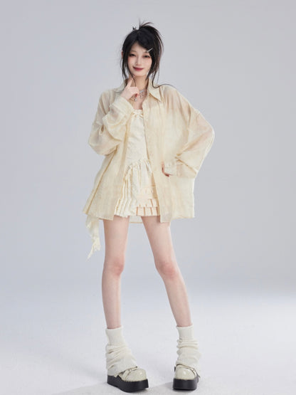 Apricot Semi-Sheer Sun Protection Shirt/Loose Shorts