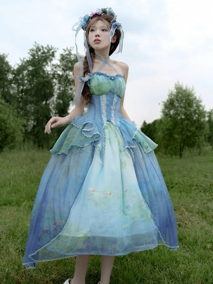 Tiered Flounce Hem Halter Boned Corset Top Print Sky Painting Fairy Oil Blue