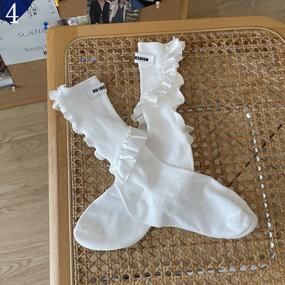 Black/White Trim Socks/Black Y2K Leg Ruffle Loop