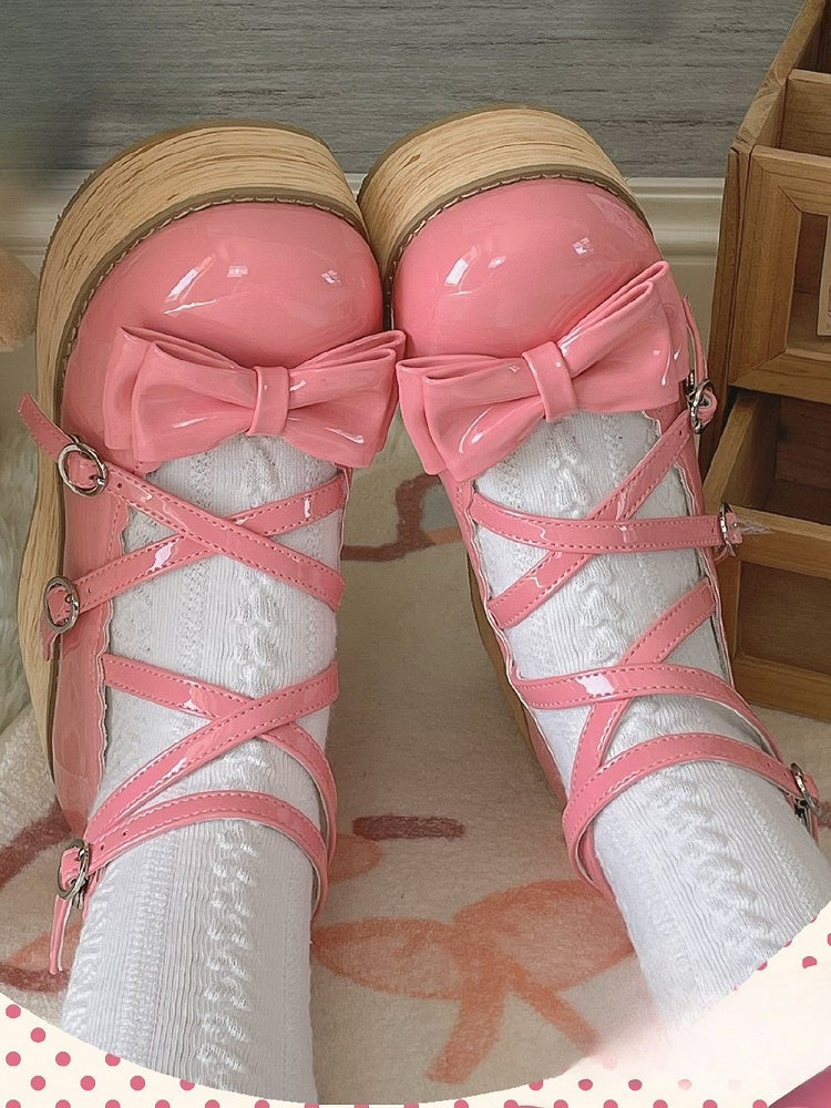 Crisscross Pink Accents Design Toe Round Platforms Rose Bow Sweet Polished Lolita -