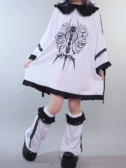 With Studs WhiteBlack Insect Kei Ruffles Jirai T-shirt Collar Decorated Peter Pan Print Warmers Trim Leg