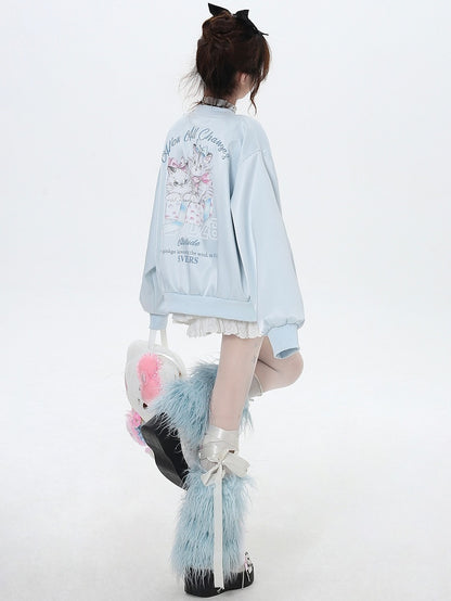 Light Blue/Pink Cats Spring Baseball Jacket