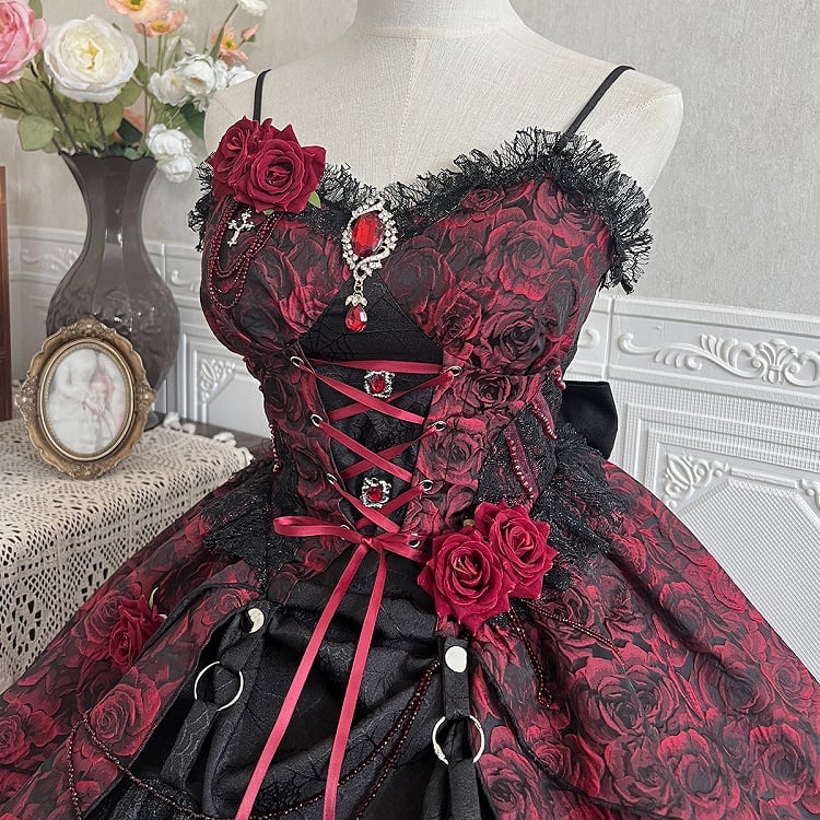 Black and Red Gothic Rosette Fabric High-low Skirt Dress Lolita JSK with Sleeves and Collar