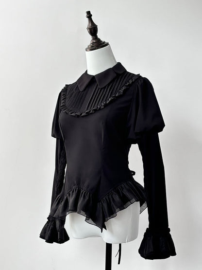 ブラックジュリエットスリーブモスウィングシェイプカラーブラウス