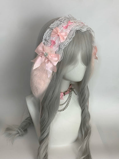 Serre-tête en dentelle à volants avec nœud en forme d'oreille de lapin et cœur en strass