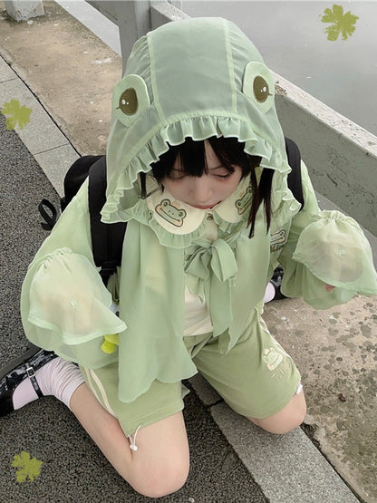 Semi-sheer Frog Hood Sun Protection Top Light Green Chiffon