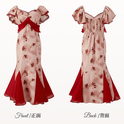 Hem Skirt Plus Size Mesh Red Rosette Print Dress Patchwork Mermaid