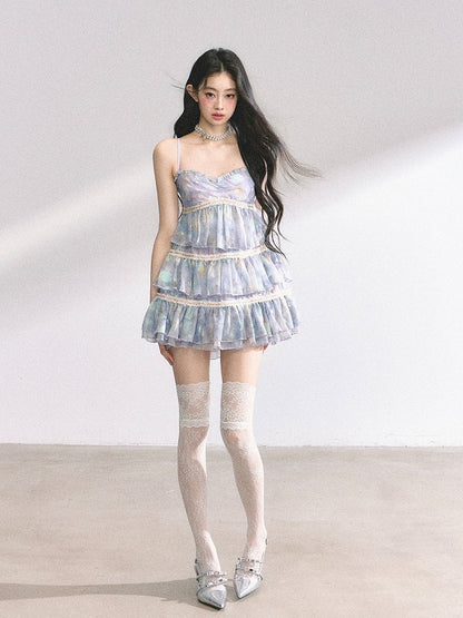 Slip Kleid Tiered Ausschnitt Rock Blau Sweetheart Ölgemälde Floral Mini
