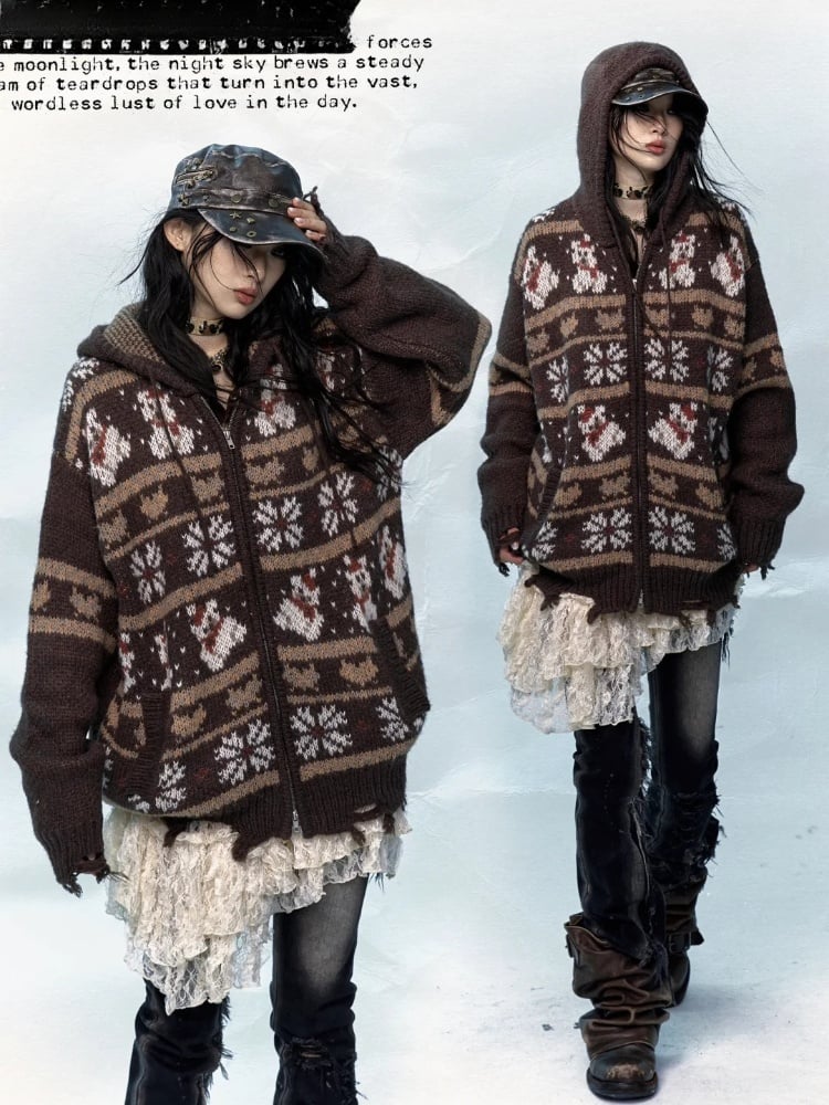 Black Brown Mohair Hooded Sweater