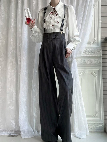 Striped Fabric Dark Ouji Pants Lolita Gray