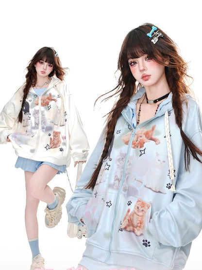 White/Blue Kitty Zip Closure Loose Hoodie