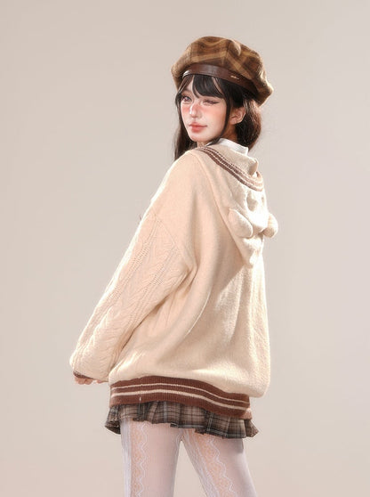 Khaki Apricot Cute Bear Pattern Hooded Cardigan