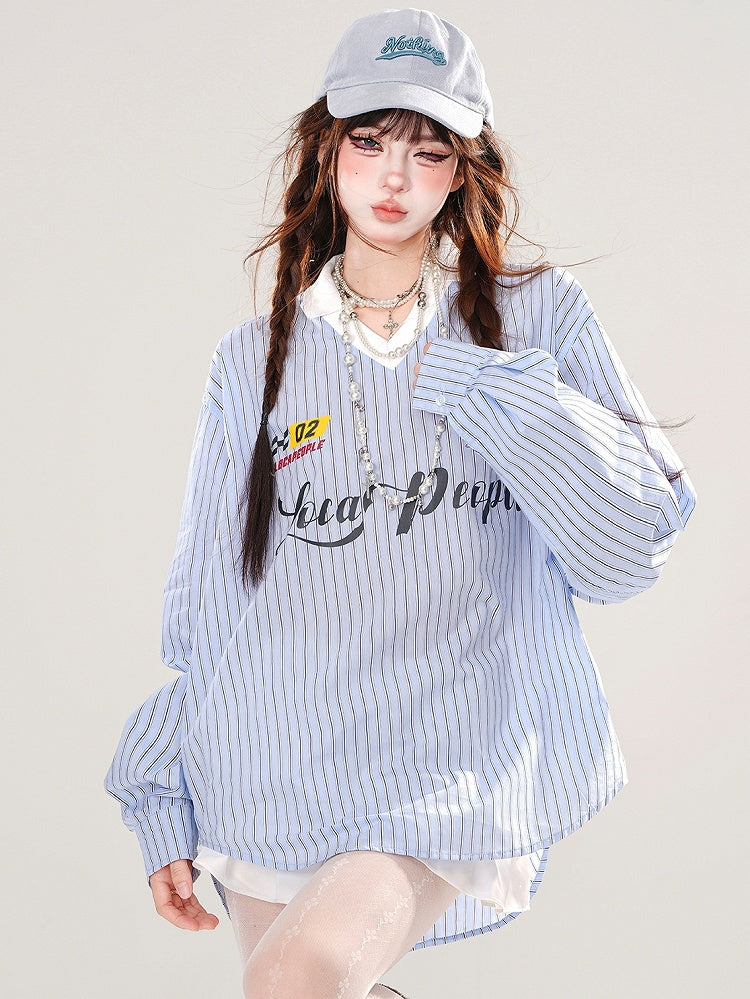 Blue/Pink Letters Embroidery V-neck Striped Loose Top