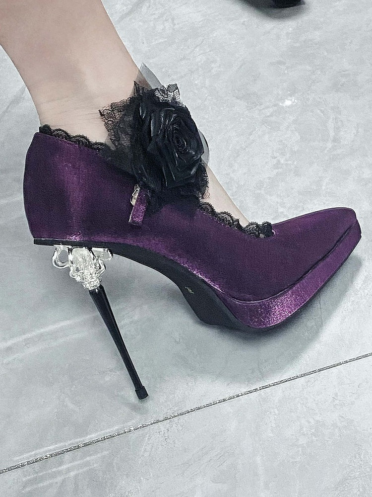 Satin Heels Gothic Pointed Purple Floral High Decorated Toe