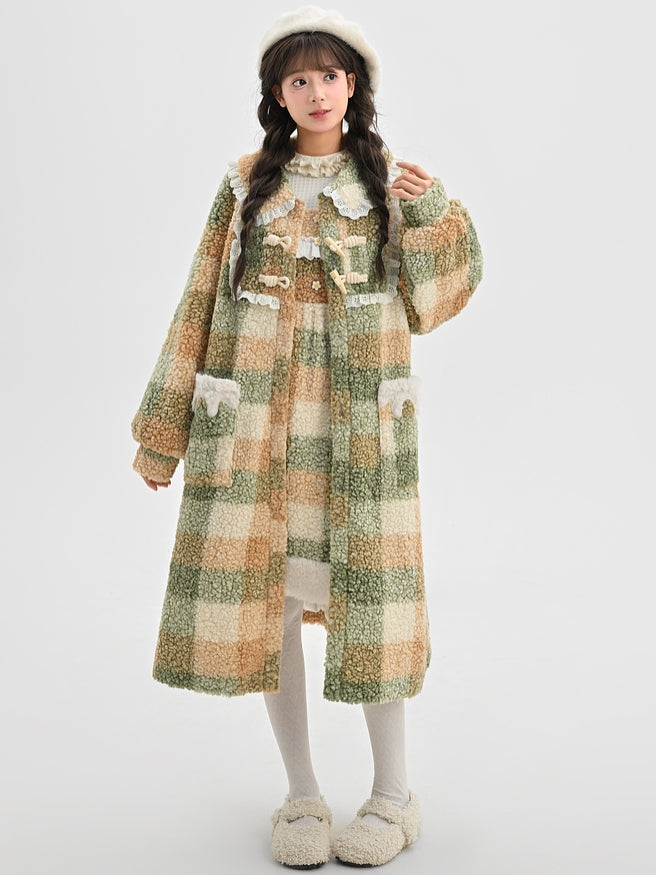 Green Polo Collar Lace Trim Plaid Fleece Coat