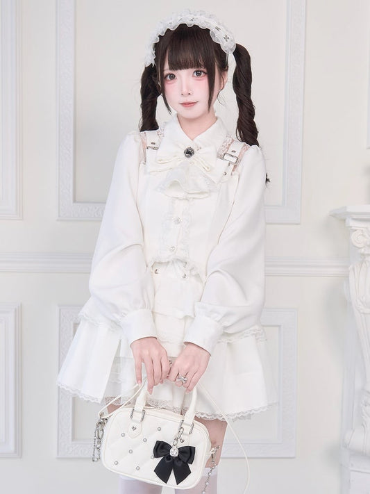 Adorned Blouse Illusion with Strap Details Buckle Neckline White Kei Jirai