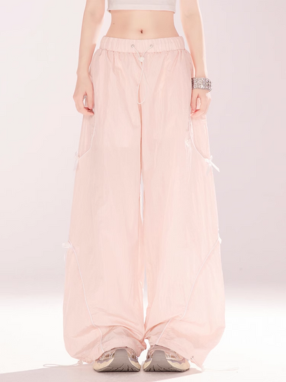 Details Wide-leg Casual Pants Pink Drawstring Waist and Cuffs Bowknot