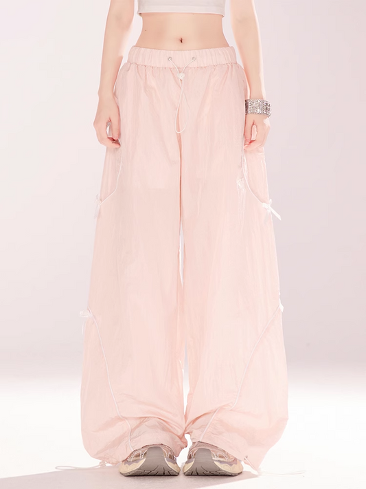 Details Wide-leg Casual Pants Pink Drawstring Waist and Cuffs Bowknot