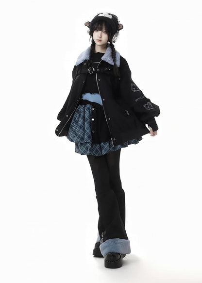 Blue&Black Plush Trim Leg Warmers with Buckle
