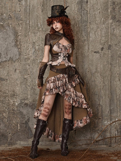 Brown Steampunk Retro Oil Ruffle Trim High-low Skirt