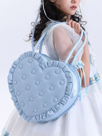 Handbag Heart-Shaped and Quilting Diamond with Blue Lolita Edges Frilly Ruffle