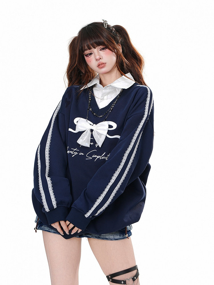 Navy Blue Polo Collar Faux Two-pieces Sweatshirt with Detachable Bow