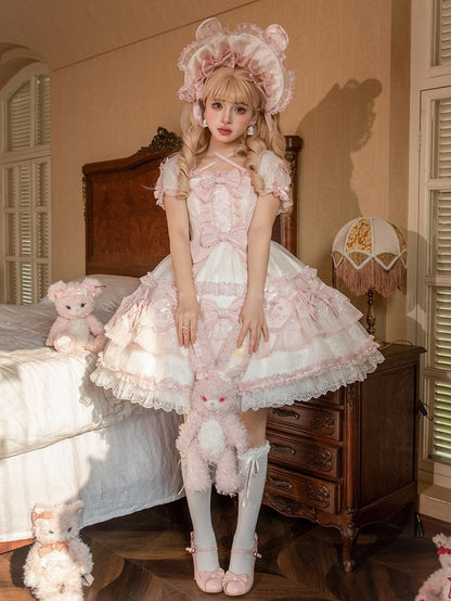 Heart White Lolita Sweet Applique Bunny and Embroidery Accents Dress Pink Bow