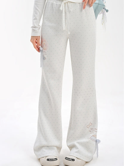 White Blue Flared Pants Version Regular/Long Polka-Dot Lace Bow Adorable Kitten Print