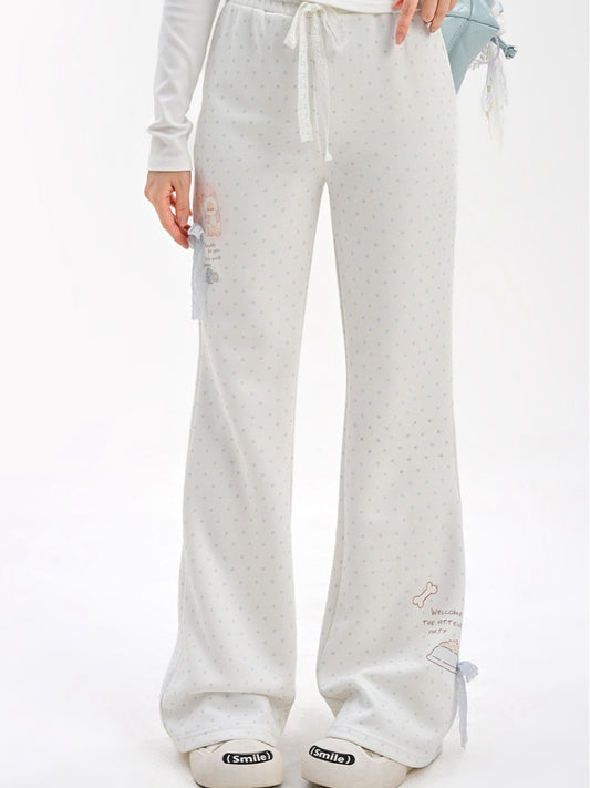 White Blue Flared Pants Version Regular/Long Polka-Dot Lace Bow Adorable Kitten Print