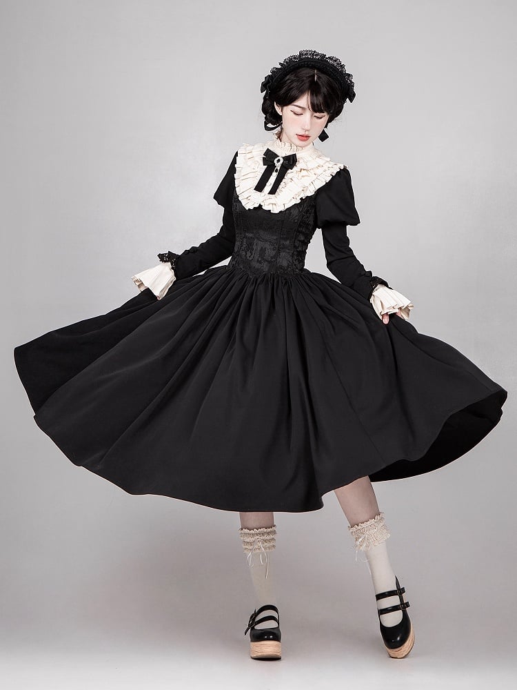 Robe noire longue à taille baleinée et décolleté carré, ensemble complet élégant Lolita