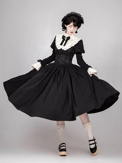 Black Boned Waist Square Neckline Elegant Lolita Dress Long Version
