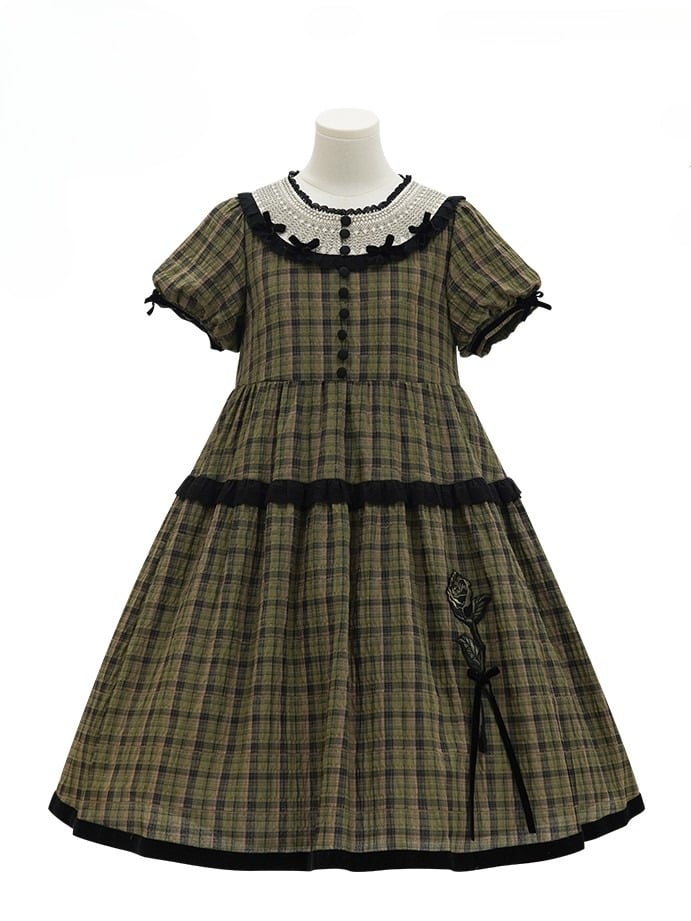 Classic Embroidery Green with Sleeves and Rose Elegant Trim Short Plaid Lolita Black Dress