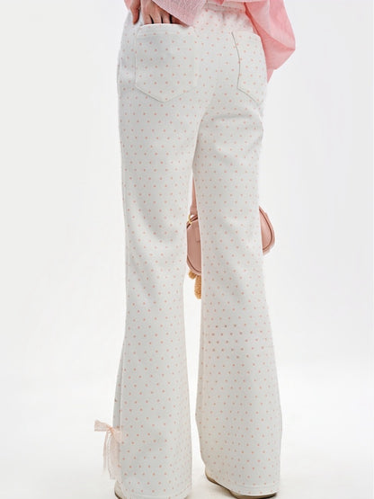 Flared Pants Polka-Dot Lace Bow Adorable Kitten Print Version Regular/Long Pink White