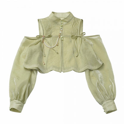 Cheongsam Style Green Semi-sheer Cutout Shoulder Ruched Design Neckline Top