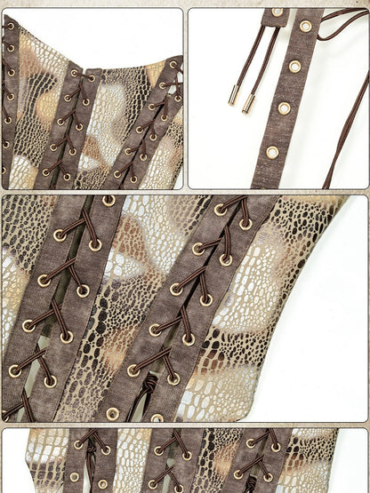 Pattern Punk Wasteland Brown Tube Top Lace-up Detail Snakeskin