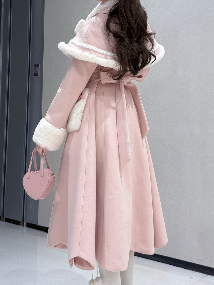 Pink Cape Scalloped Edge Trim Lolita Coat with Plush Bowknot Scarf