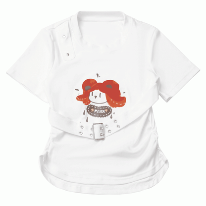 White Cartoon Print T-Shirt with Detachable Buckle Strap