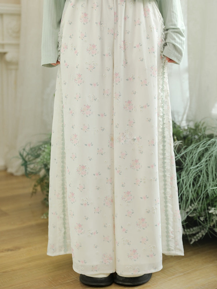 Short/Regular Lace Trim Wide-Leg Pants Floral White Elastic Waist Ruffled Version