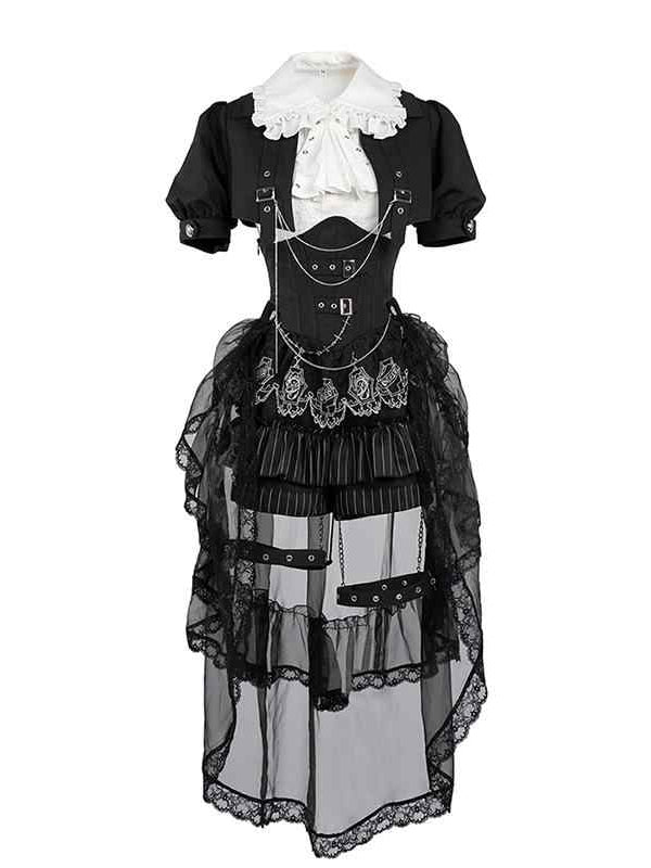 Schwarz-weißes Prince Ouji Lolita-Outfit – weißes ärmelloses Hemd + schwarzes kurzes Top + Blommer-Shorts mit hoher Taille, komplettes Set