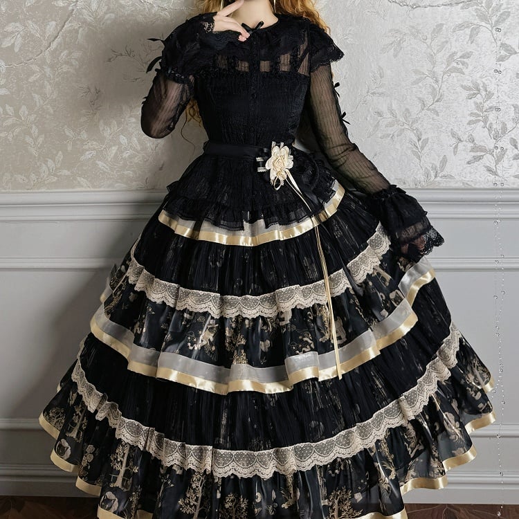 Skirt Black Gold and Print Ruffle Bunny Tiered Kitty Lolita