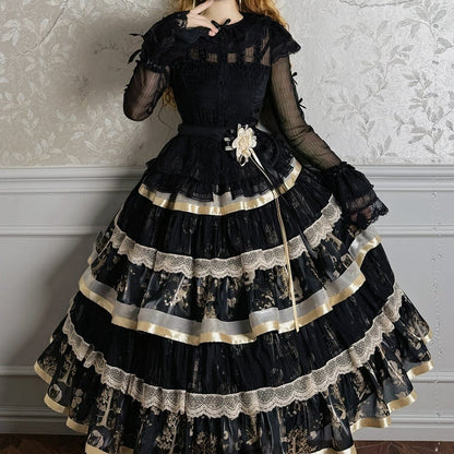 Skirt Black Gold and Print Ruffle Bunny Tiered Kitty Lolita
