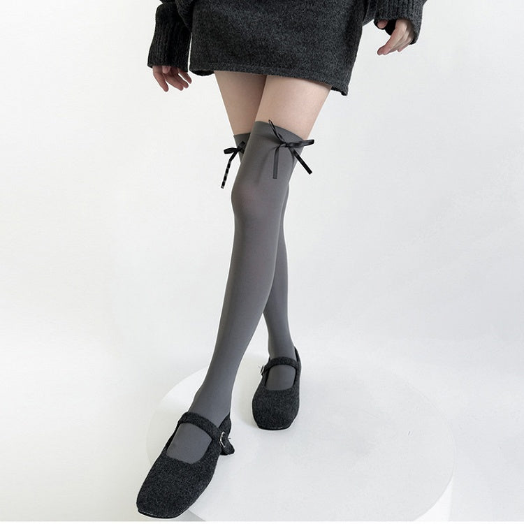 Black Stockings / Semi-sheer Accents Bow Gray JK White