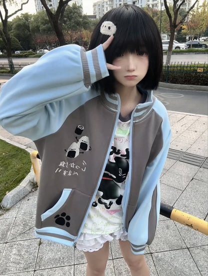 Zip-Up Panda with Alt-Kawaii Fleece and Blue Jacket Gray