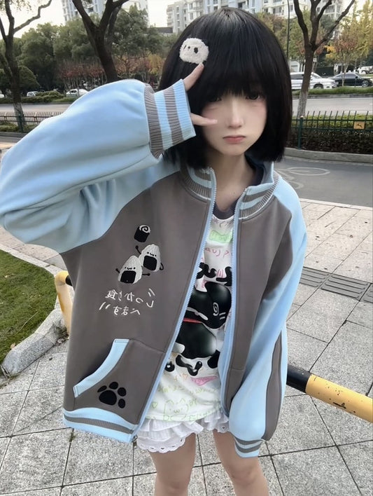 Zip-Up Panda with Alt-Kawaii Fleece and Blue Jacket Gray